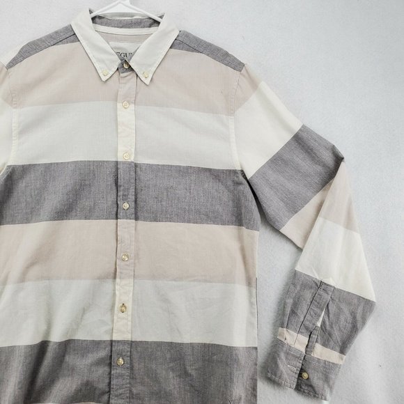 GUESS Shirt Men's Long Sleeve Striped Casual Button Up Oxford White Tan Large - Picture 5 of 12